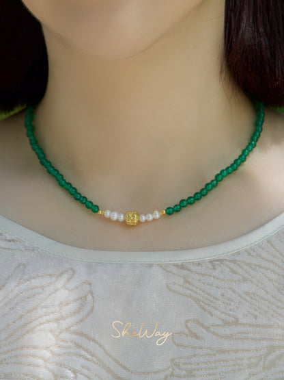 Green Agate Lotus Pearl Necklace