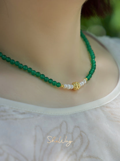 Green Agate Lotus Pearl Necklace