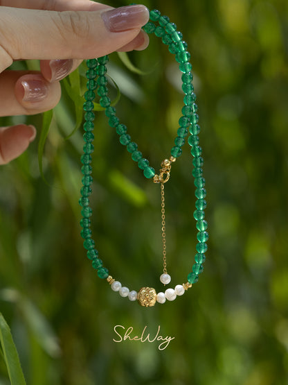 Green Agate Lotus Pearl Necklace