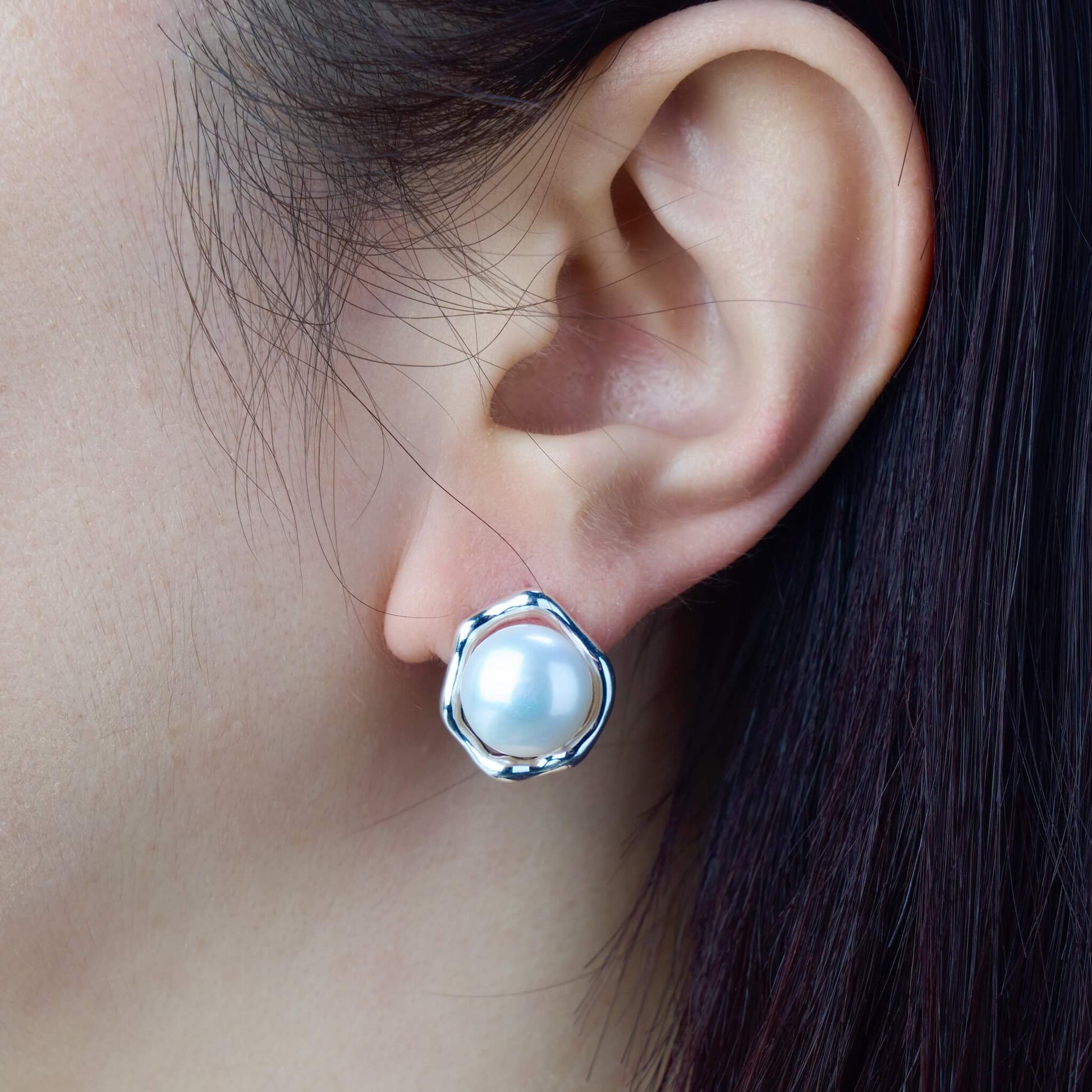 Silver Side Pearl Stud Earrings-SheWay Jewelry