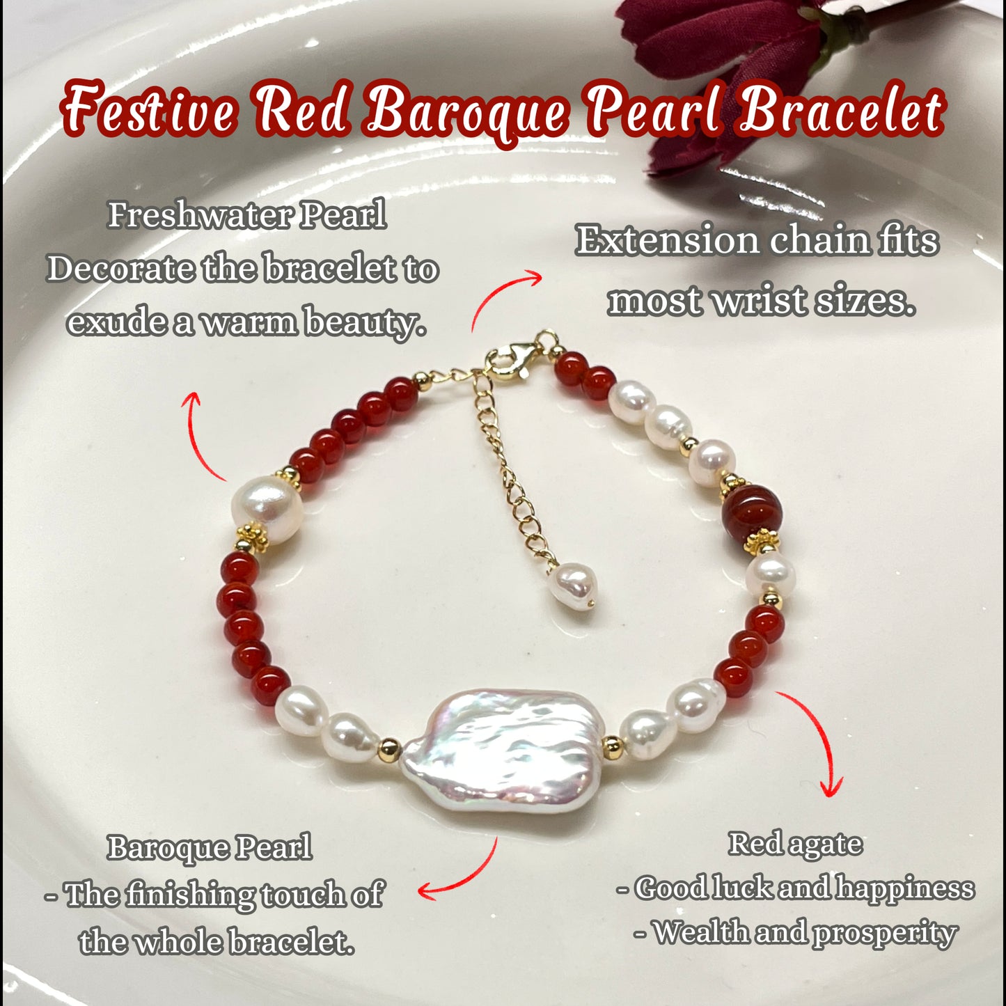 Festive Red Baroque Pearl Bracelet